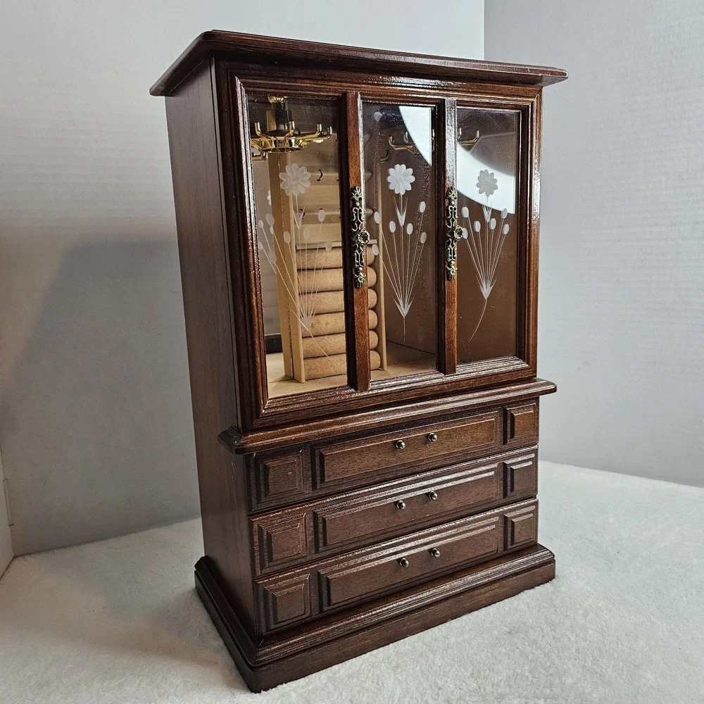 Vintage Wood 1 Door Jewelry Box Armoire Style Cabinet w Mirror Organizer Drawers